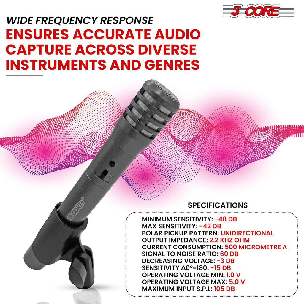 Professional Instrument Microphone Pencil Mic Condenser Cardioid Unidirectional Stick Microfono with Windscreen Mic Clip & Case - INSTRU MIC 100 GREY