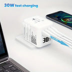 30W GaN Universal Travel Adapter - 2 USB-A + 2 USB-C | Supports Laptops/Hair Dryers | European & Worldwide Plug Adapter | UK/US/AU Compatible