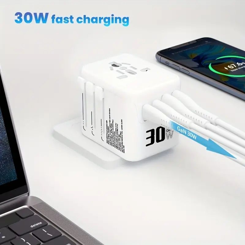30W GaN Universal Travel Adapter - 2 USB-A + 2 USB-C | Supports Laptops/Hair Dryers | European & Worldwide Plug Adapter | UK/US/AU Compatible