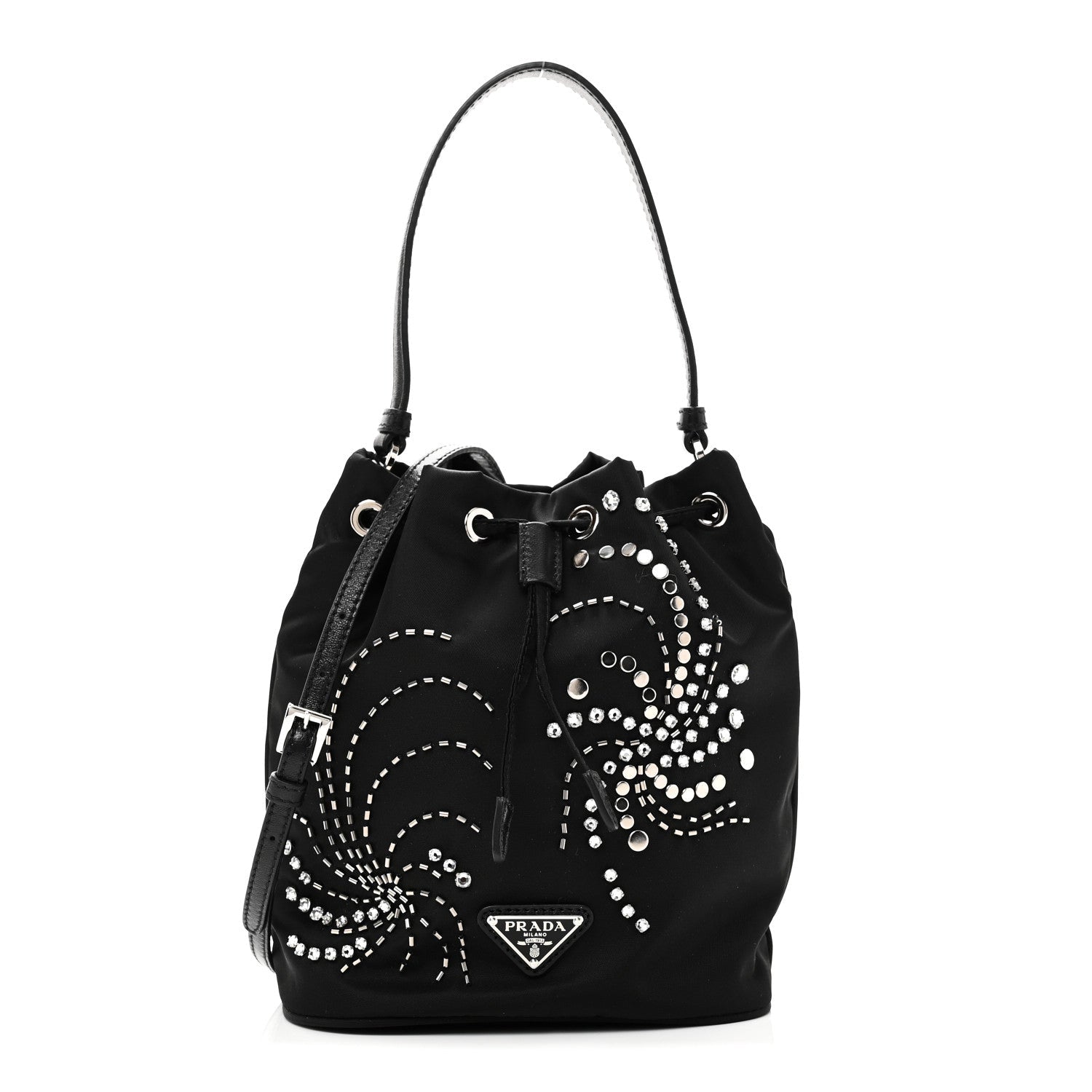 Tessuto Saffiano Ricamo Sequin Crystal Embellished Mini Re-Edition 1978 Bucket Bag Black
