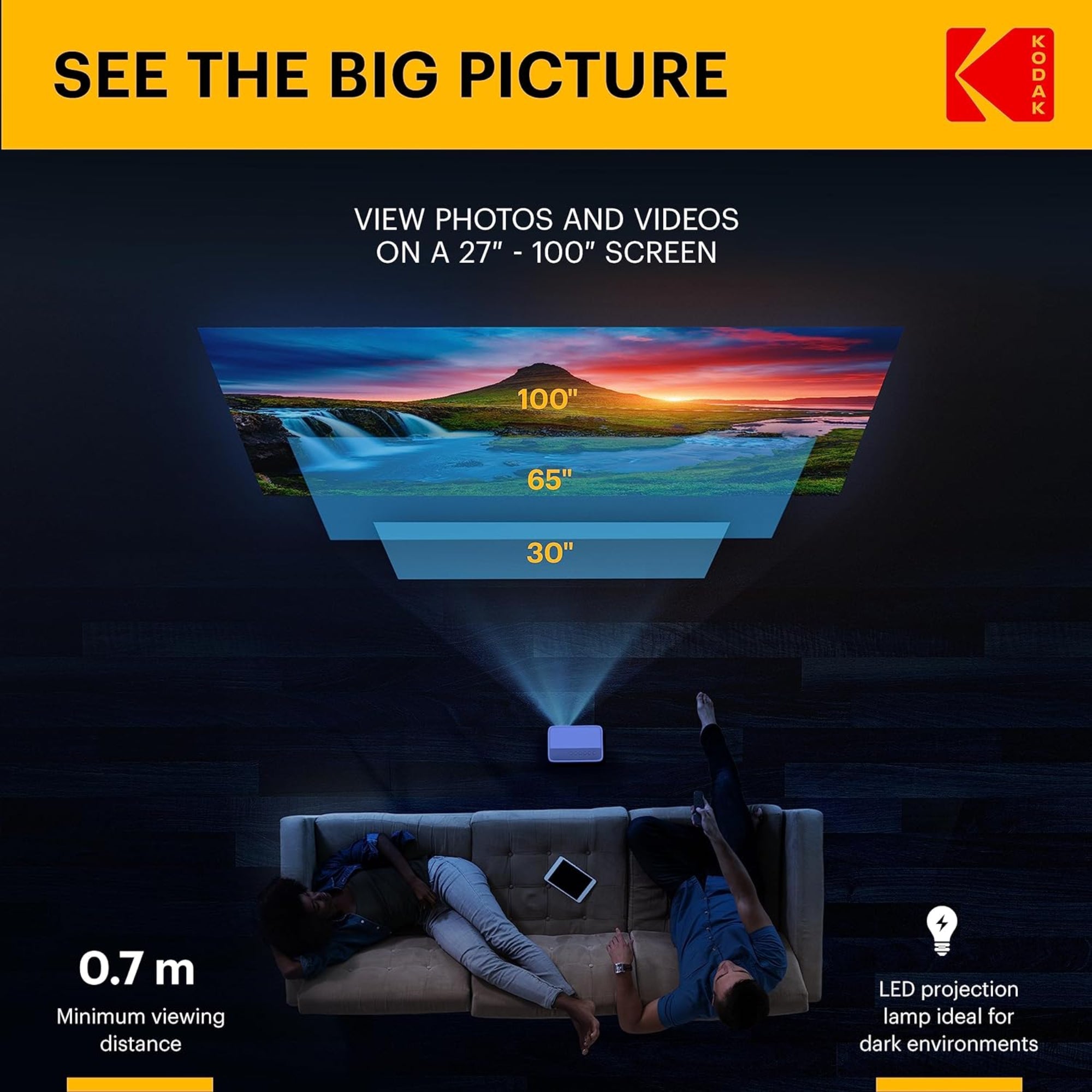 KODAK FLIK X1 100” Mini Projector, Portable Pico Projector with Remote & 2W Speakers