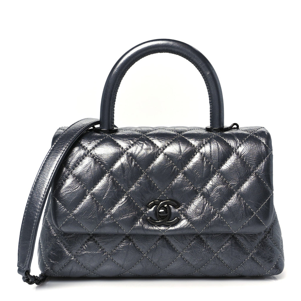 Metallic Aged Calfskin Quilted Mini Coco Handle Flap Charcoal