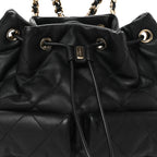 Lambskin Quilted Double Pocket Drawstring Backpack Black