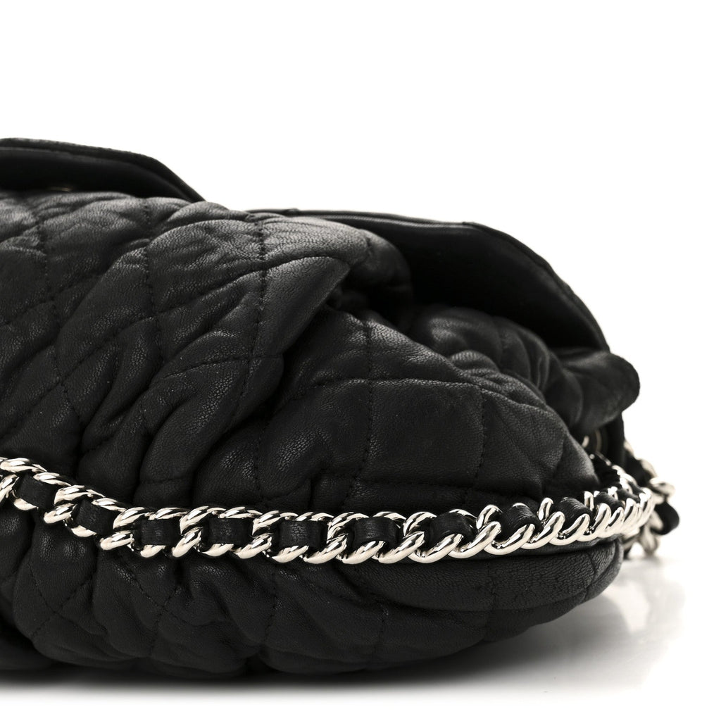 Washed Lambskin Quilted Medium Chain Around Messenger Black