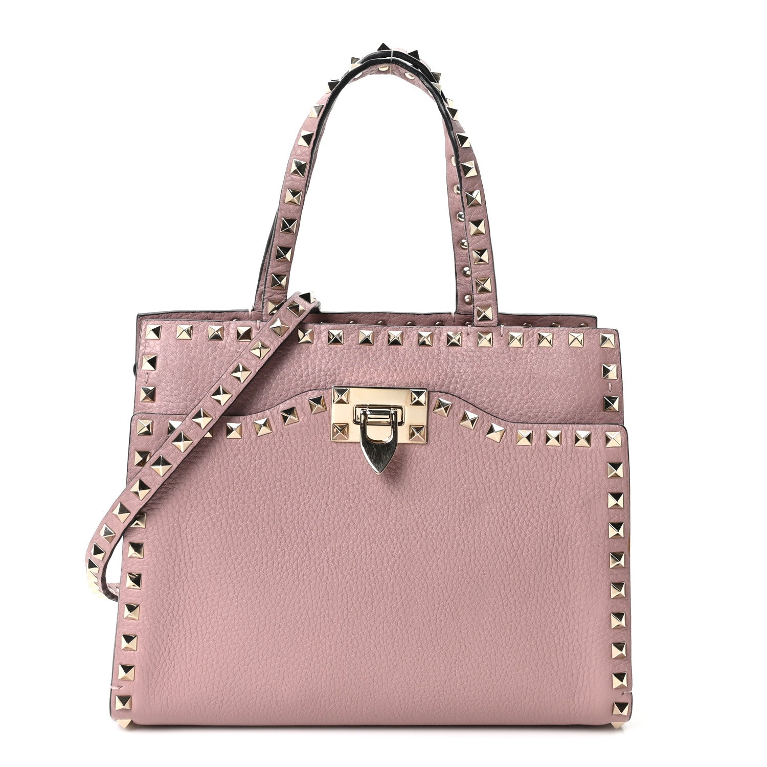Grained Calfskin Rockstud Flip Lock Tote Lipstick