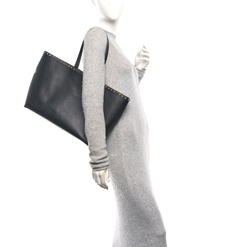 Grained Calfskin Rockstud Shoulder Tote Black