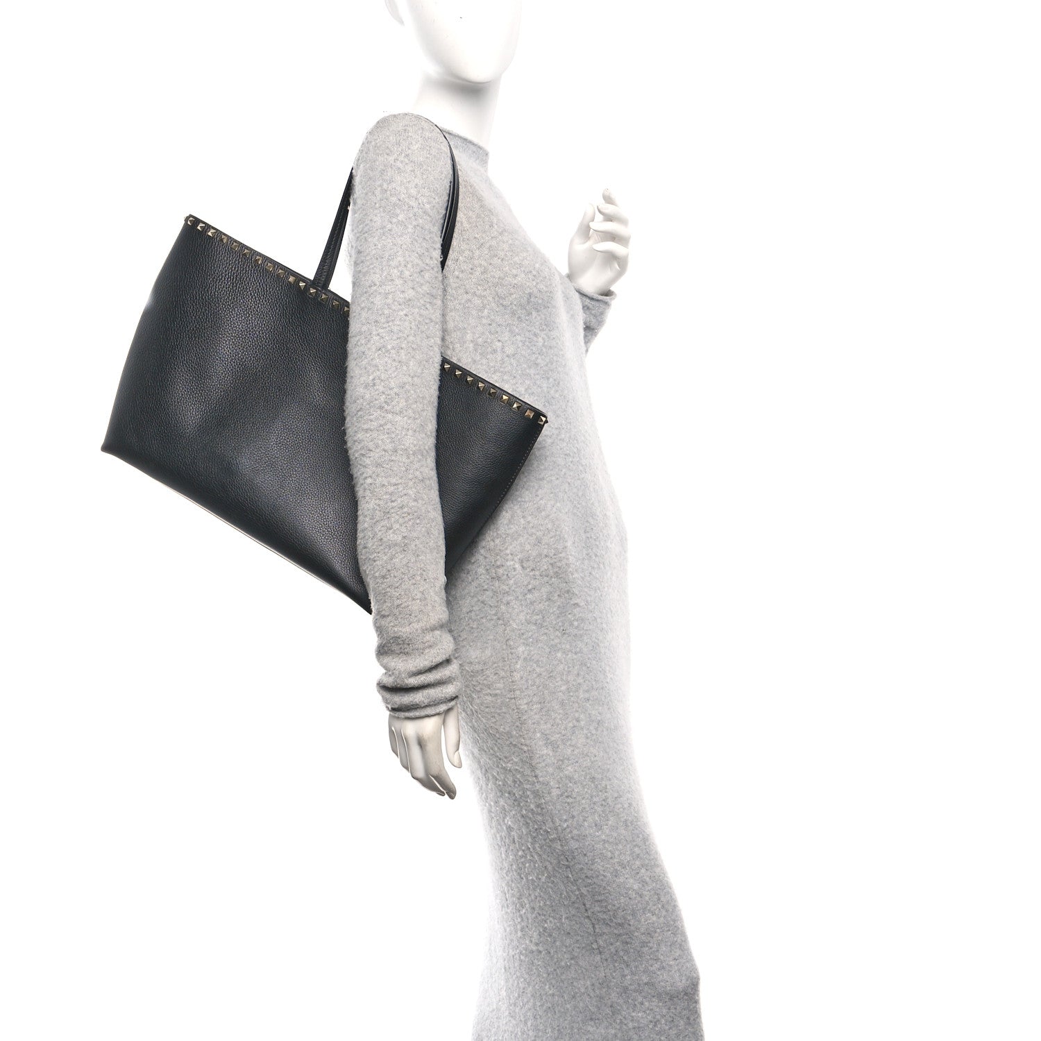 Grained Calfskin Rockstud Shoulder Tote Black