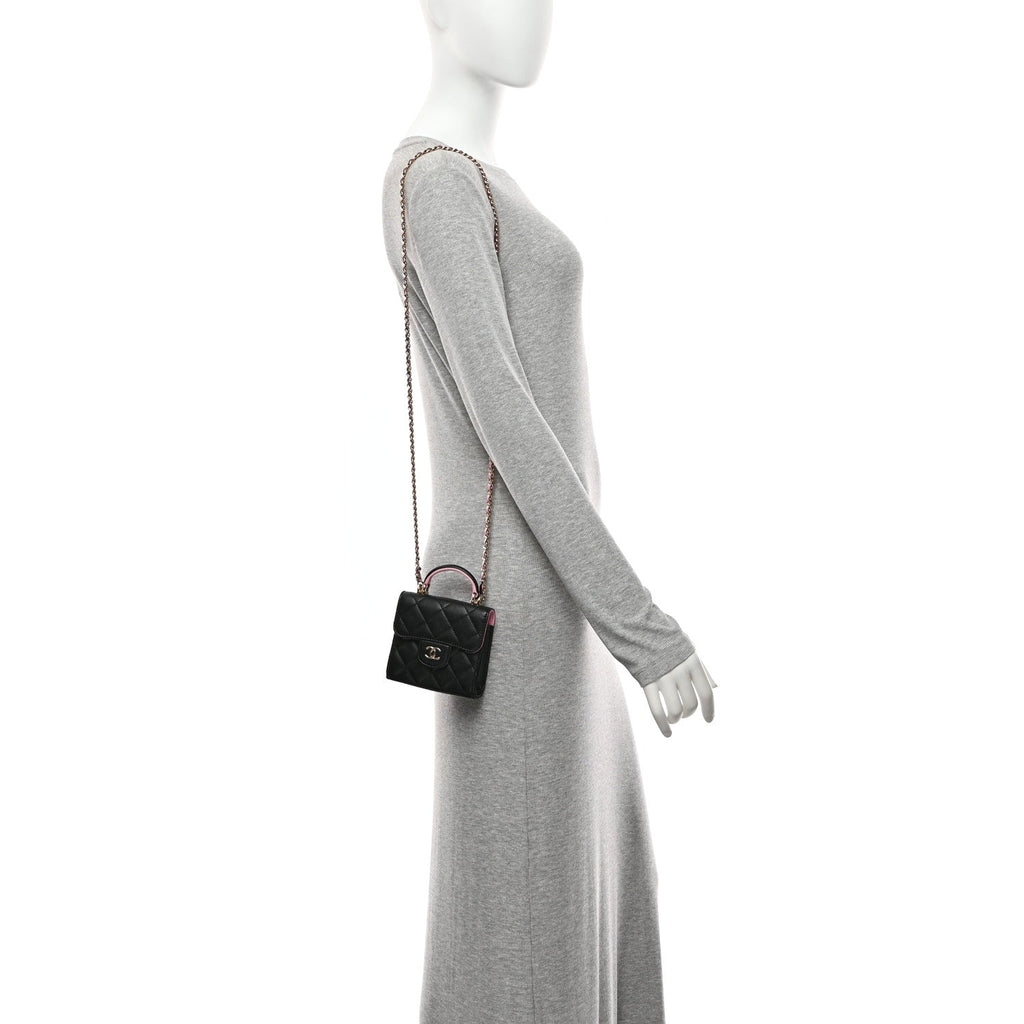 Lambskin Quilted Bi-Color Top Handle Clutch With Chain Black Pink