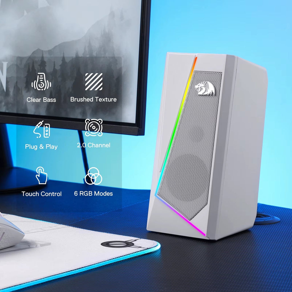 RGB Desktop Speakers - 2.0 Channel PC Stereo System with 6 LED Color Modes and Enhanced Sound, White/Pink