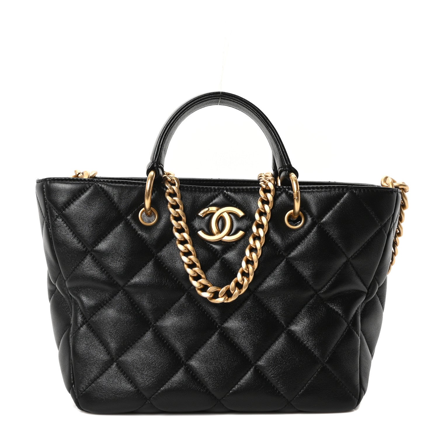 Lambskin Quilted Small Top Handle Shopping Bag Black