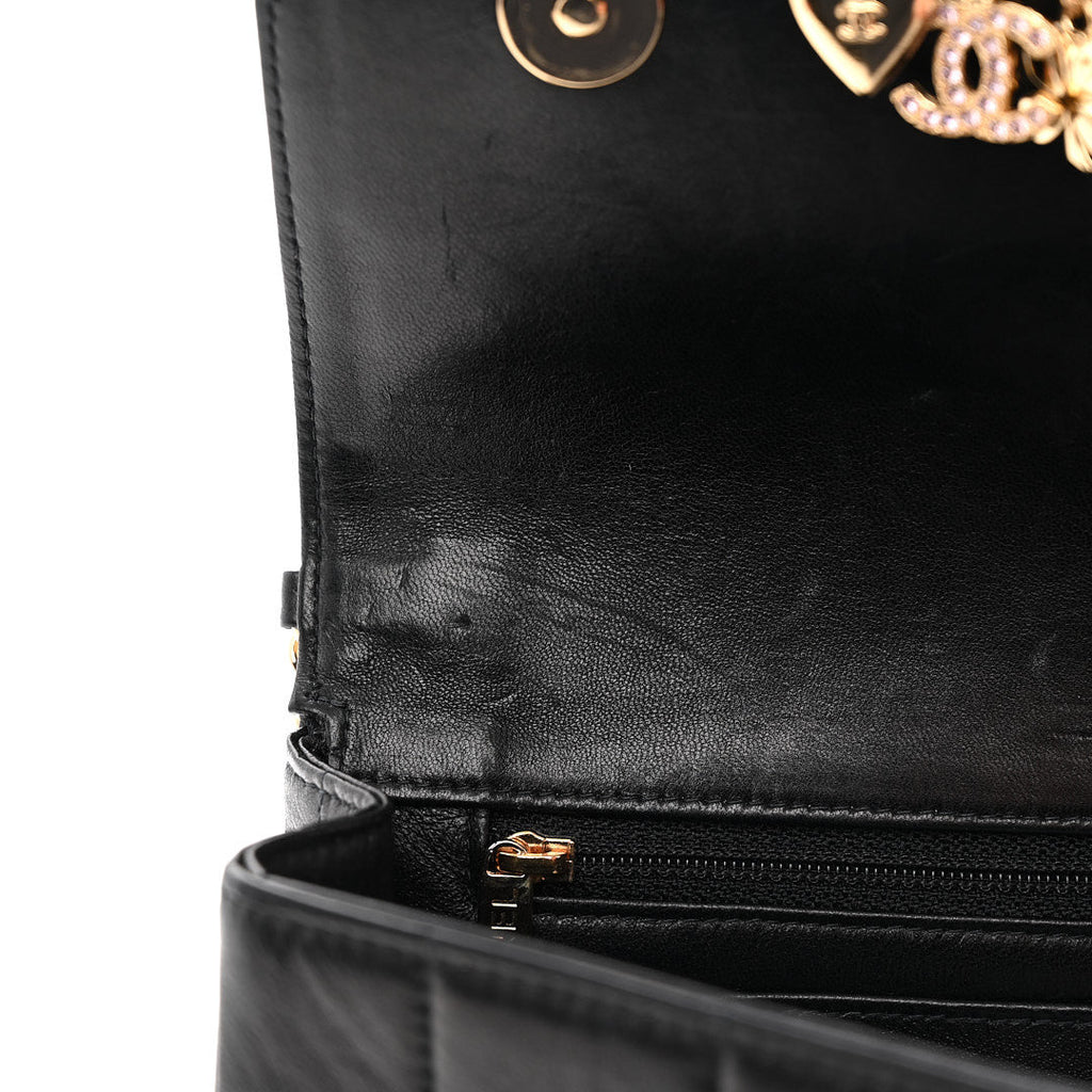 Lambskin Quilted Crystal Chocolate Bar Charm Flap Black