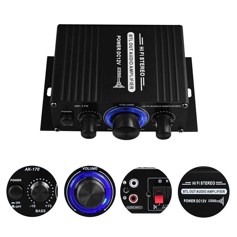 400W 12V 2 Channel Powerful Stereo Audio Power Amplifier HiFi Bass Amp Car Home