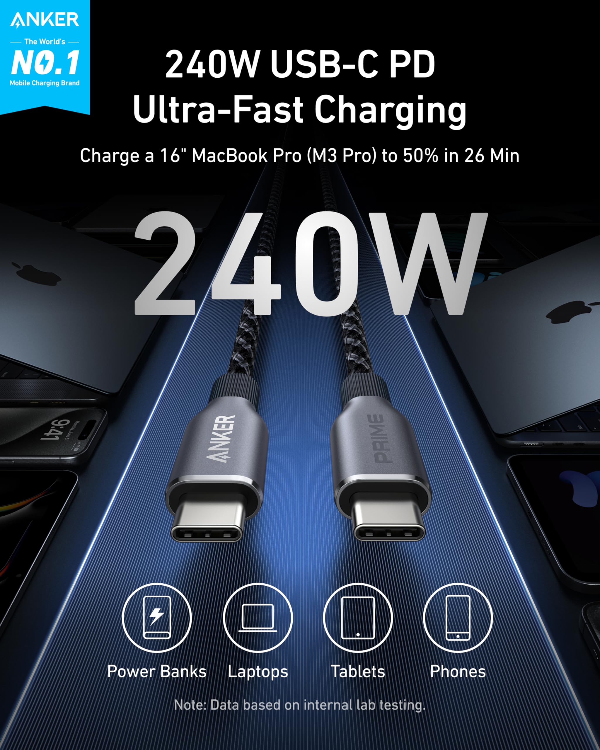 Anker Prime Power Bank (26K, 300W) and Anker Prime USB-C to USB-C Cable (240W, Upcycled-Braided)