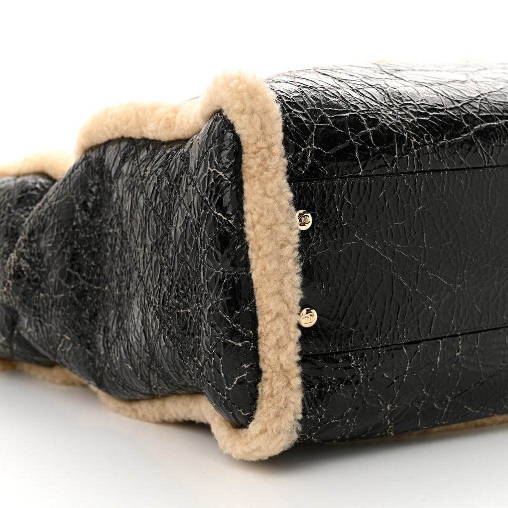 Shiny Crumpled Sheepskin Shearling CC Mania Tote Bag Black Beige