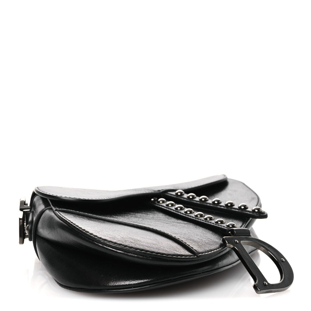 Shiny Crinkled Calfskin Studded Saddle Bag Black