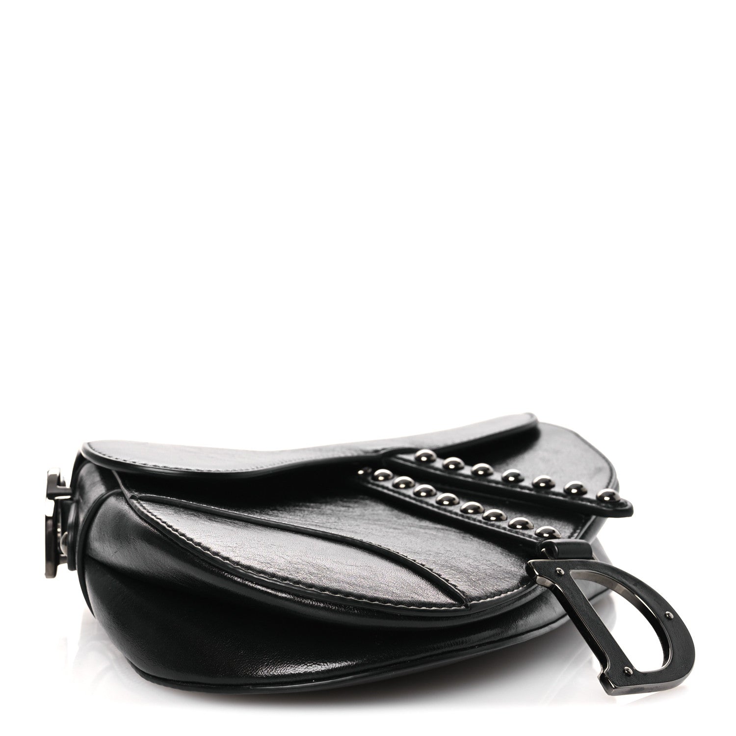 Shiny Crinkled Calfskin Studded Saddle Bag Black