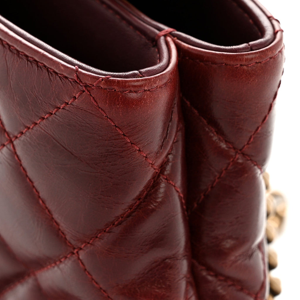 Glazed Calfskin Quilted Small Gold Bar Tote Red