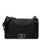 Goatskin Quilted Patent Medium Duo Boy Flap Black
