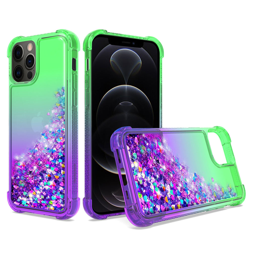 Shiny Flowing Glitter Liquid Bumper Case For Apple Iphone 12/Iphone 12 Pro In Green