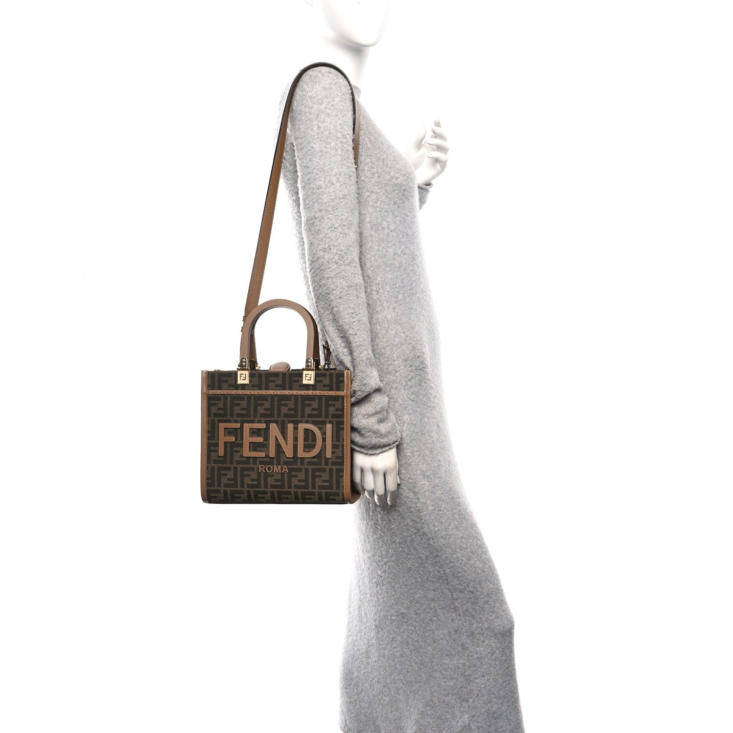 Fabric Jacquard FF 1974 Logo Small Fendi Sunshine Shopper Tote Tobacco Moro Sand