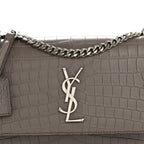 Calfskin Crocodile Embossed Medium Monogram Sunset Fog