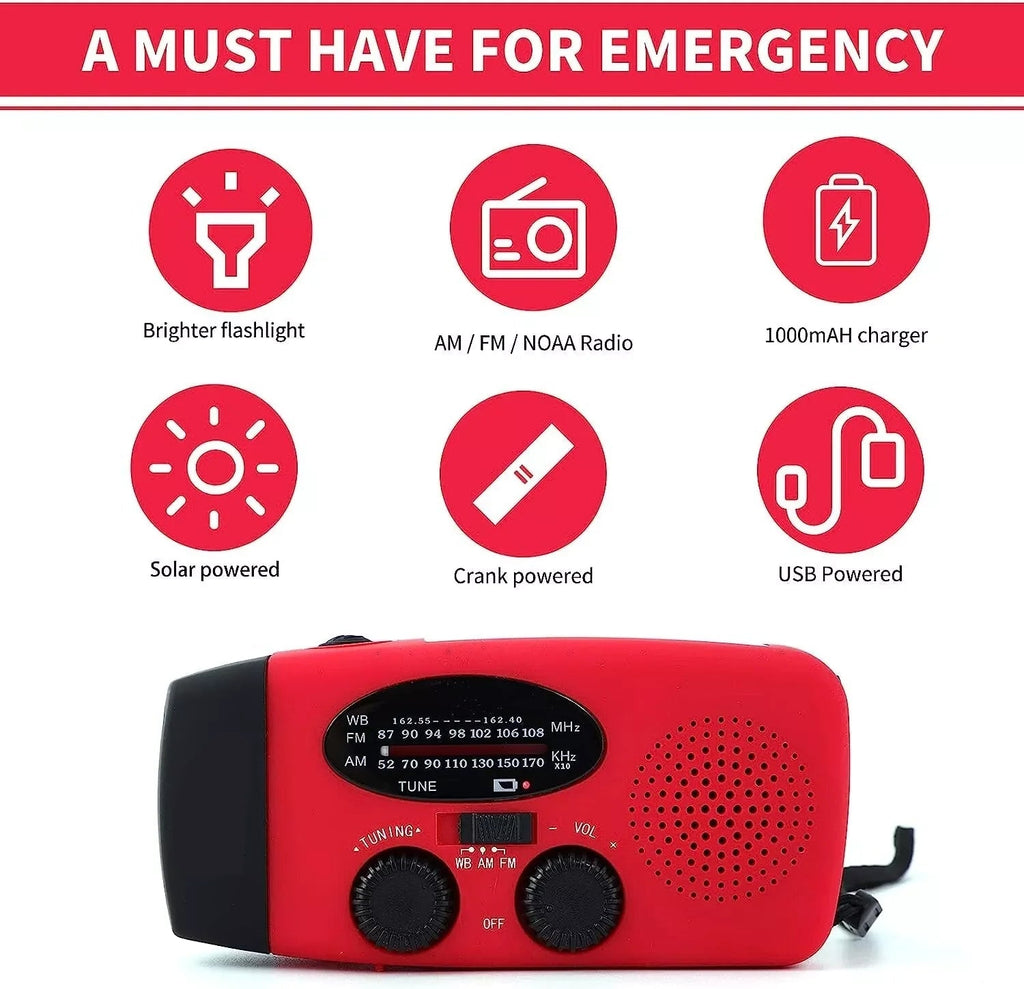 Emergency Radio Crank Solar Hand Weather 1000Mah Power Bank Charger Flash Light