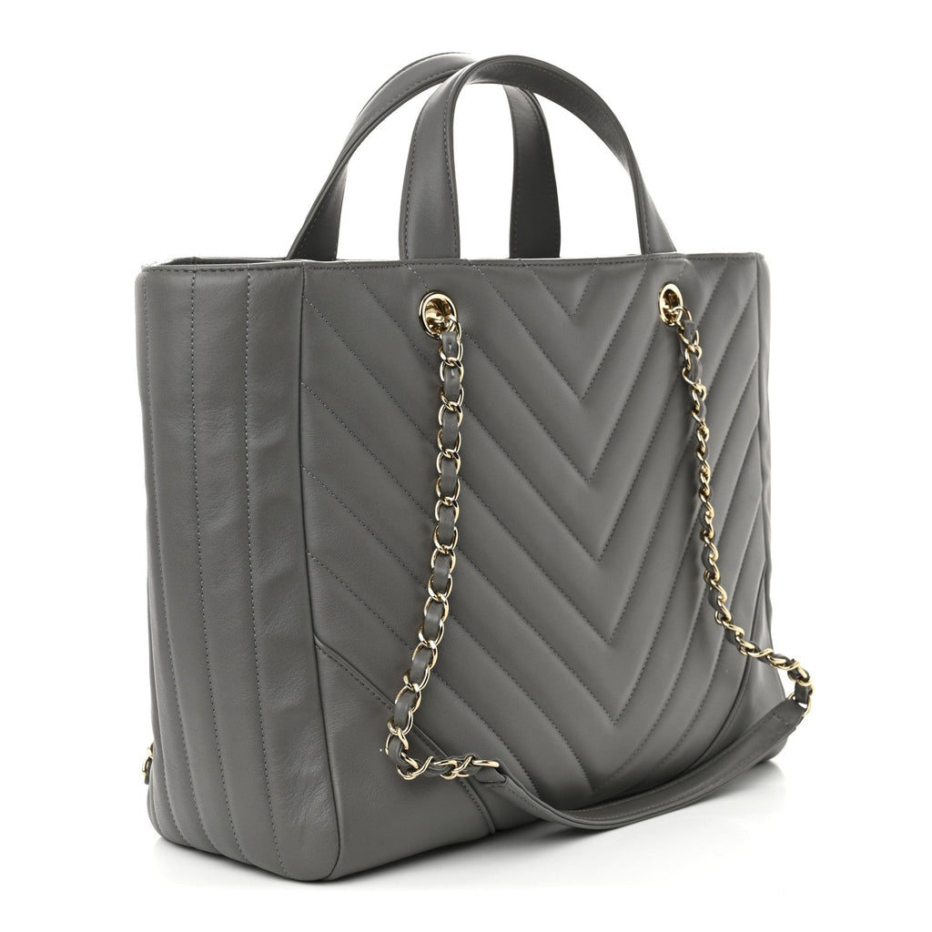 Calfskin Chevron Quilted Statement Shopping Tote Grey