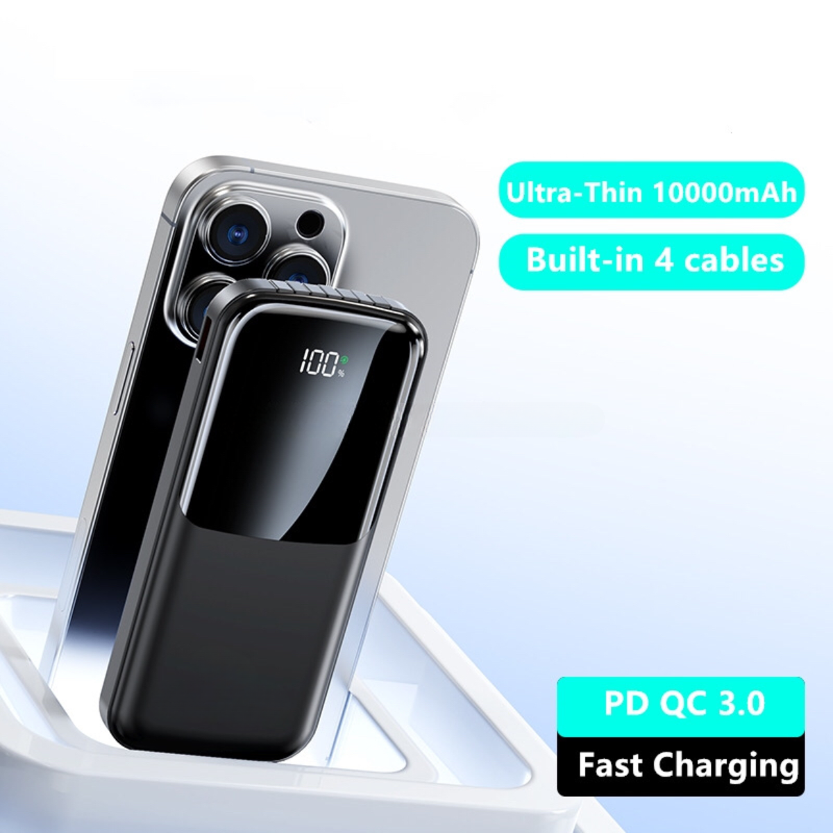 Entronix [3-in-1] Power Bank - 10000 mAh Built-in Cables USB-C/iPhone/Android