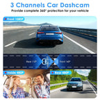 Car Dash Cam 3 Channel with Infrared Night Vision (4 IR Lights/Per Side), 1080P Front & 480P Inside/Rear Cameras, Parking Reverse Image & Motion Detection for 24H Security