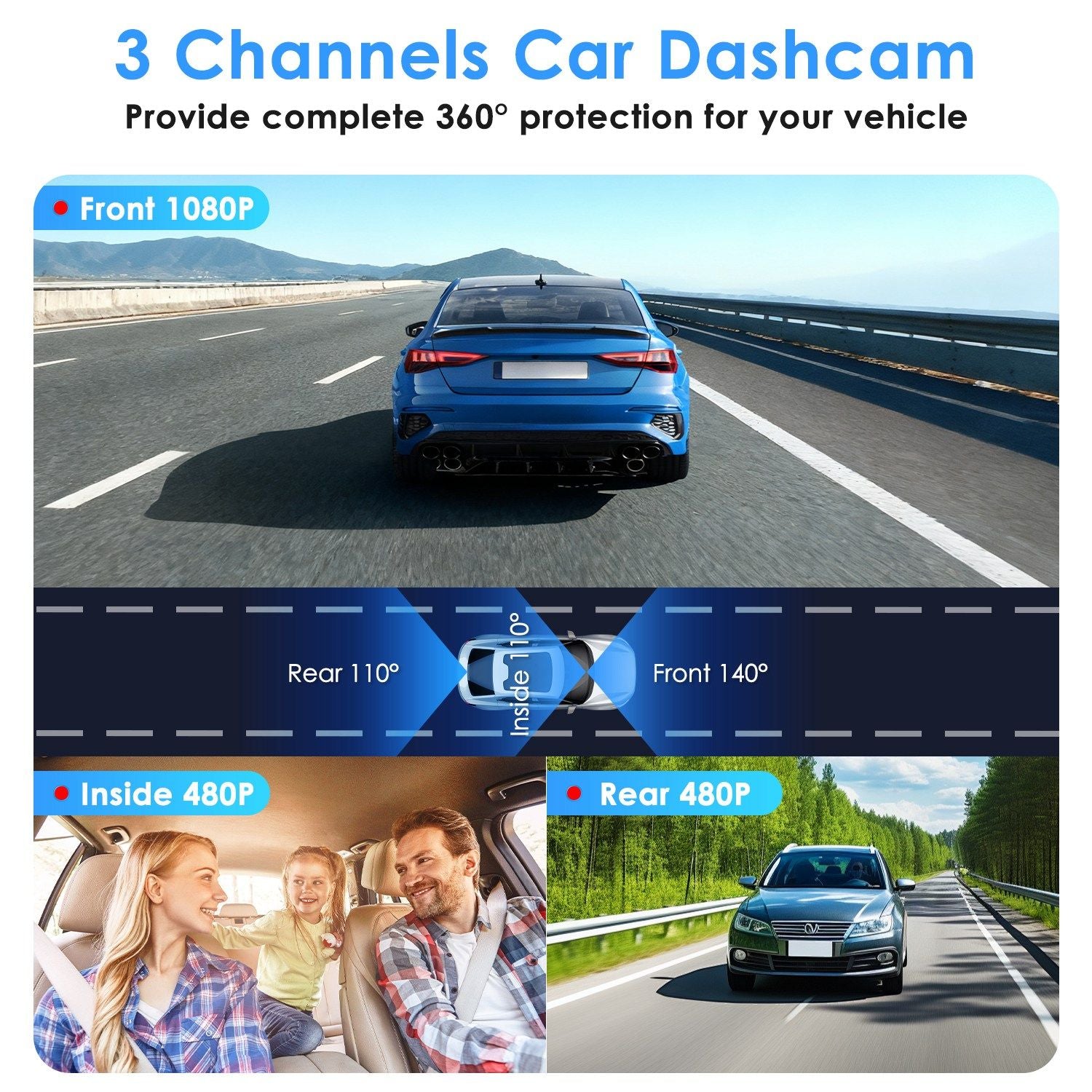 Car Dash Cam 3 Channel with Infrared Night Vision (4 IR Lights/Per Side), 1080P Front & 480P Inside/Rear Cameras, Parking Reverse Image & Motion Detection for 24H Security