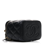 Lambskin Quilted Metal Mini Top Handle Vanity Case With Chain Black