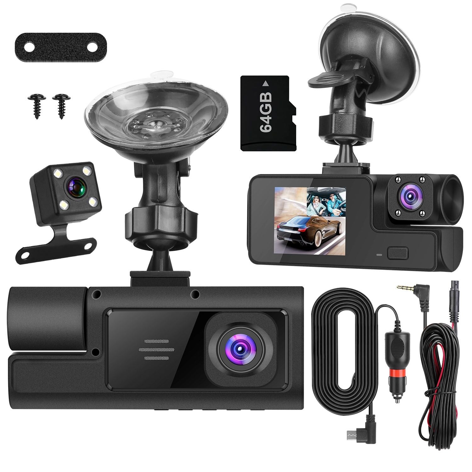 WiFi FHD 1080P Car Dash Cam 3 Channels Front Rear Inside Dash Camera with Loop Recording Reversing Visual 170° Wide Angle 64G Card Included