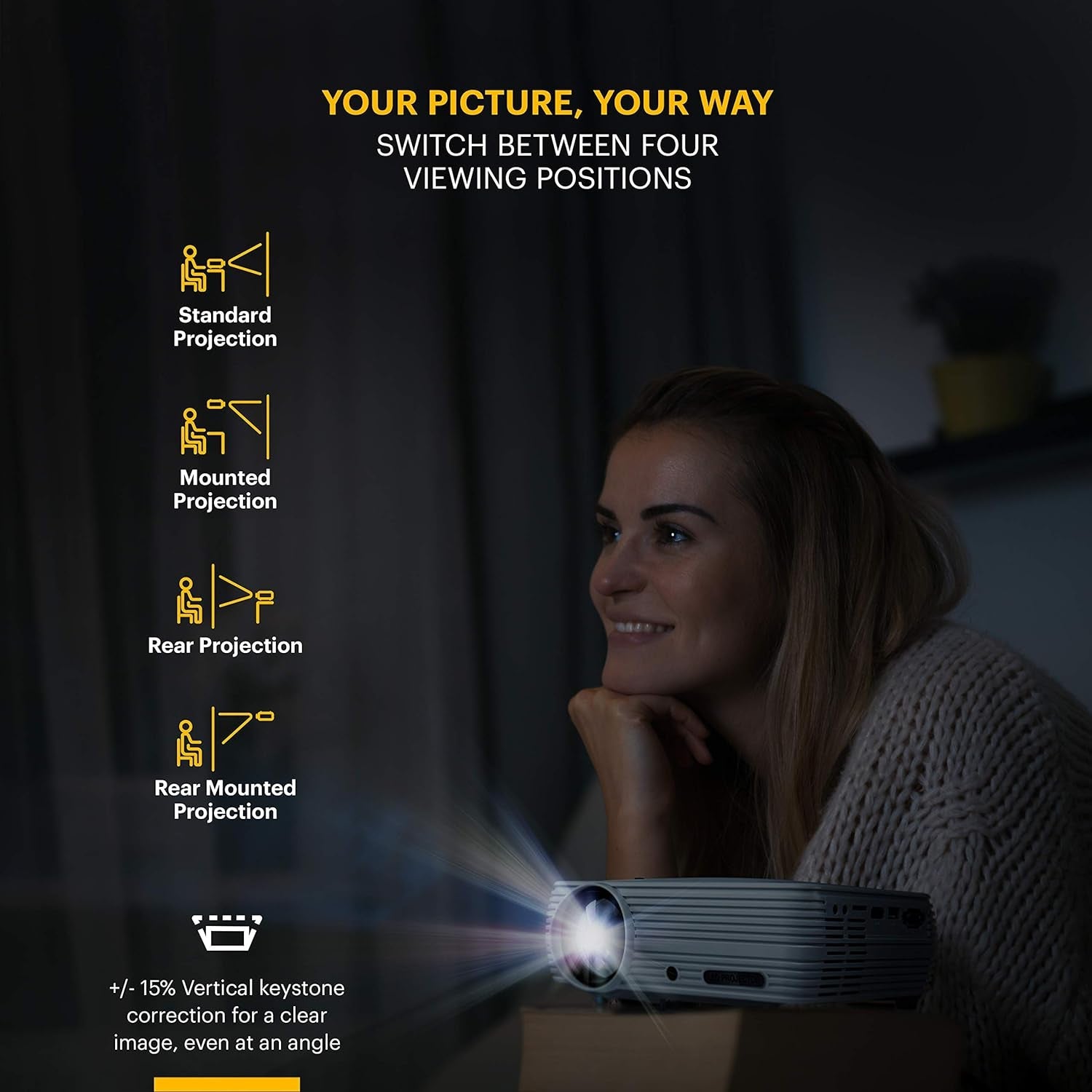 Kodak Flik X7 Home Projector, 1080p Support, Portable 4.0 LED Projector with Tripod & Case