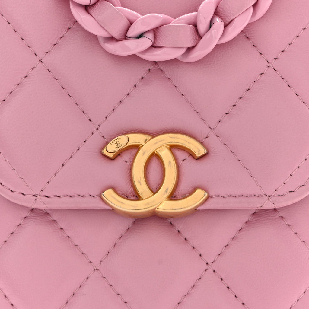 Lambskin Quilted Lacquered Chain Phone Holder With Chain Dark Pink