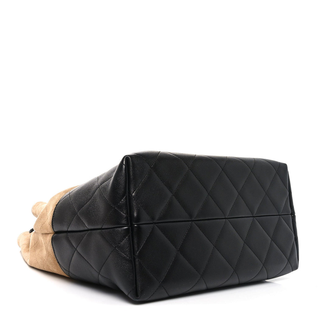 Suede Calfskin Shiny Lambskin Quilted Large Coco Base Shopping Bag Beige Black