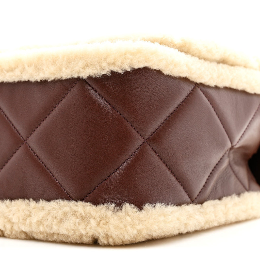 Shearling Lambskin Quilted Large Furry Coco Flap Beige Dark Brown