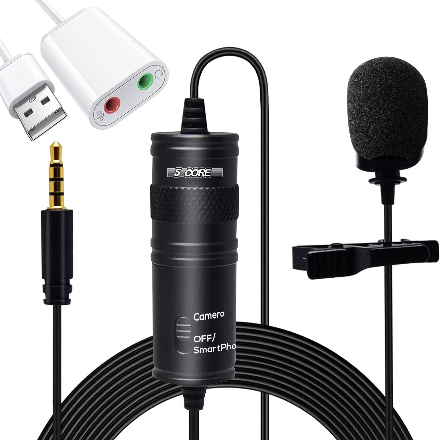 Professional Omnidirectional Lavalier Microphone 3.5mm Clip-On Lapel Mic for Smartphone DSLR Camera PC Interview Video Camcorders Audio Recorder cm -Condenser Mic +USB-Adapter
