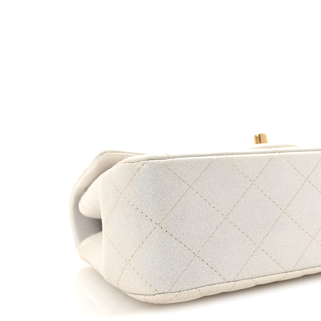 Iridescent Lambskin Quilted Mini Top Handle Rectangular Flap White