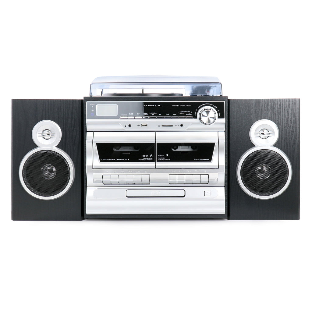 3-Speed Vinyl Turntable  Home Stereo System with CD Player, Double Cassette Player, Bluetooth, FM Radio & USB/SD Recording