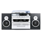 3-Speed Vinyl Turntable  Home Stereo System with CD Player, Double Cassette Player, Bluetooth, FM Radio & USB/SD Recording