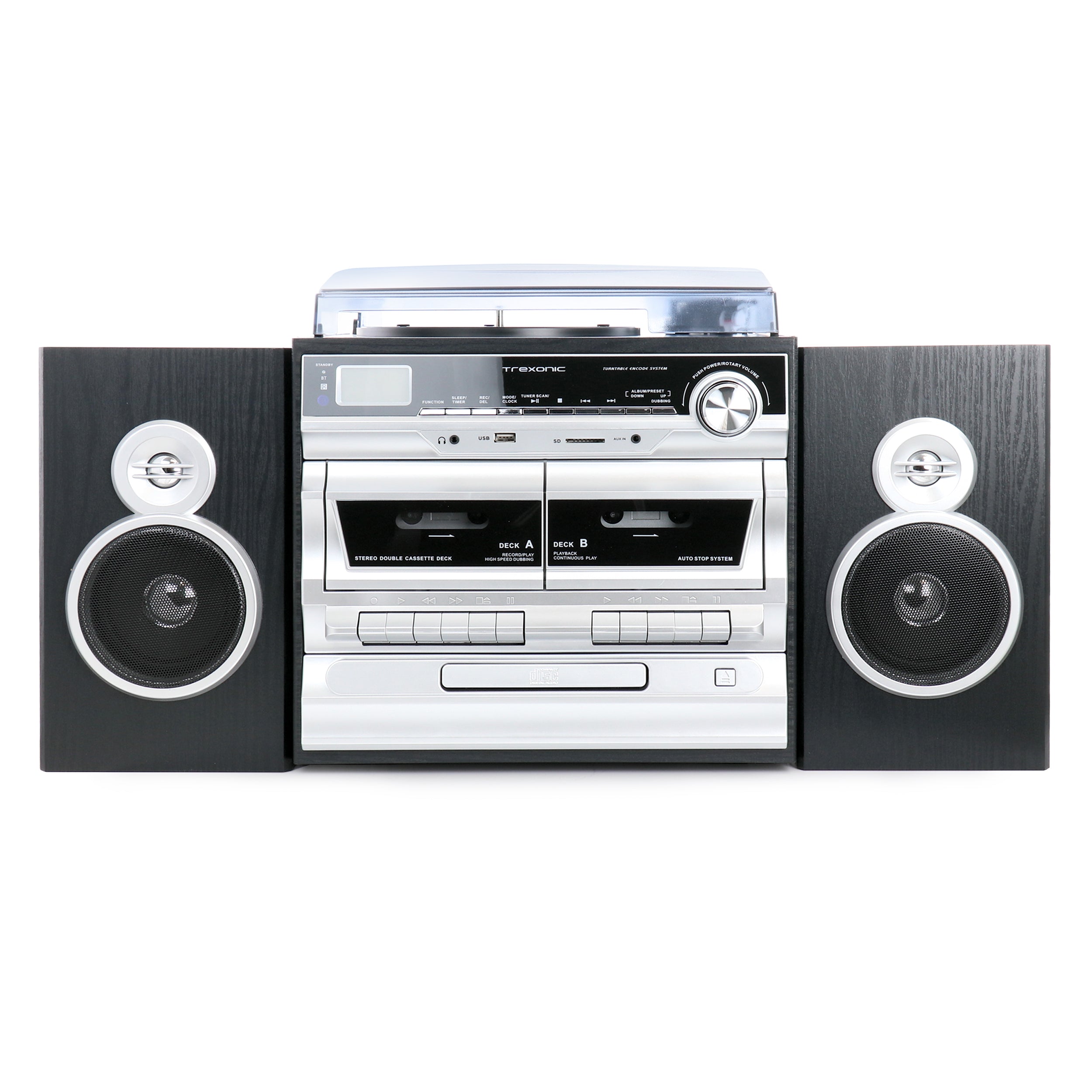 3-Speed Vinyl Turntable  Home Stereo System with CD Player, Double Cassette Player, Bluetooth, FM Radio & USB/SD Recording