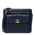 Lambskin Quilted Square Front Pocket Clutch With Chain Navy Blue