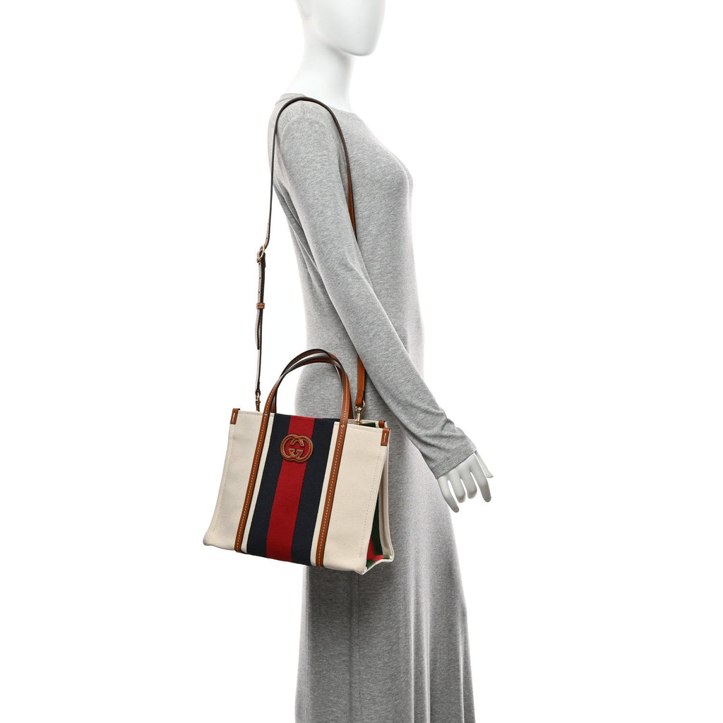 Canvas Calfskin Web Small Interlocking G Tote Bag Red Blue