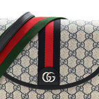 GG Supreme Monogram Textured Dollar Calfskin Web Studded Mini Ophidia Flap Shoulder Bag Beige Blue