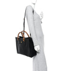 Textured Dollar Calfskin Web Medium Diana Tote Bag Black Dusty Grey