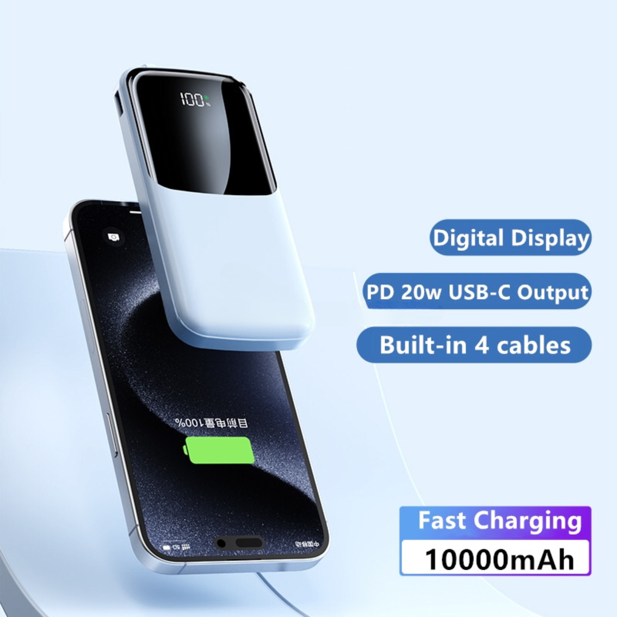 Entronix [3-in-1] Power Bank - 10000 mAh Built-in Cables USB-C/iPhone/Android