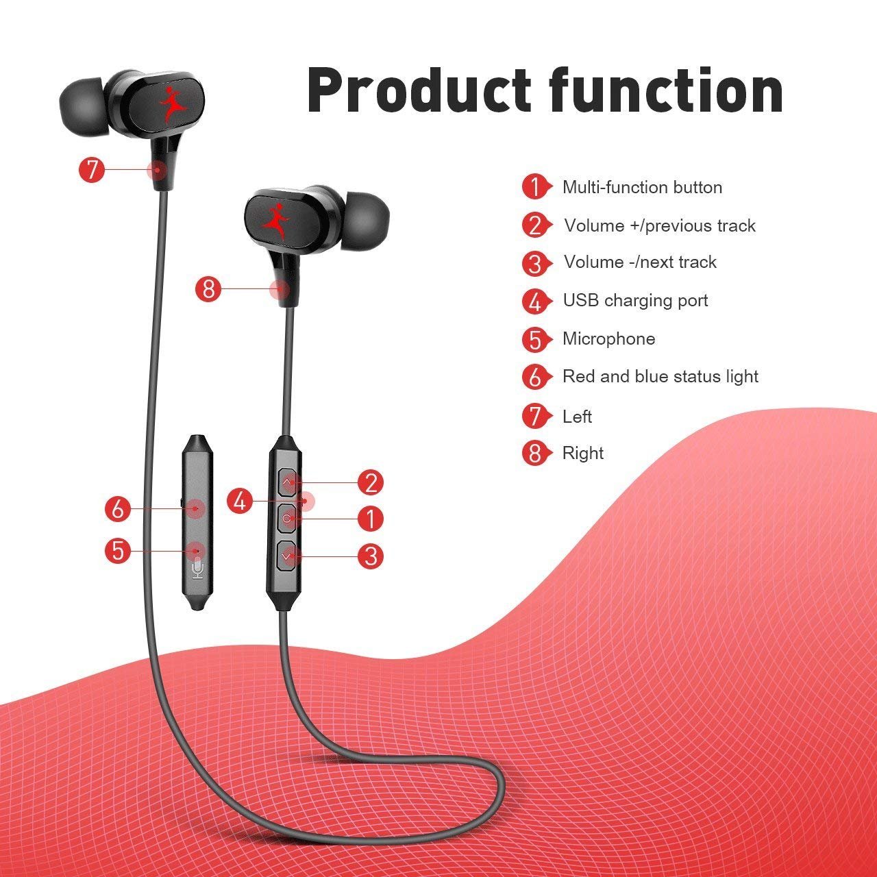 Wireless Sport Earphones With Magnetic Controlled Switch In Red