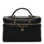 Goatskin Quilted Top Handle Slim Vanity With Chain Black