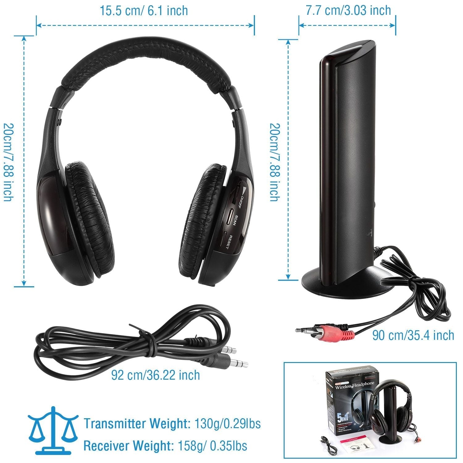 Wireless RF Headphones HiFi Over-Ear Headsets RF Transmitter Receiver w/ MicY-shaped Cable Monitoring Earphone 98.4ft Range for TV Radio CD