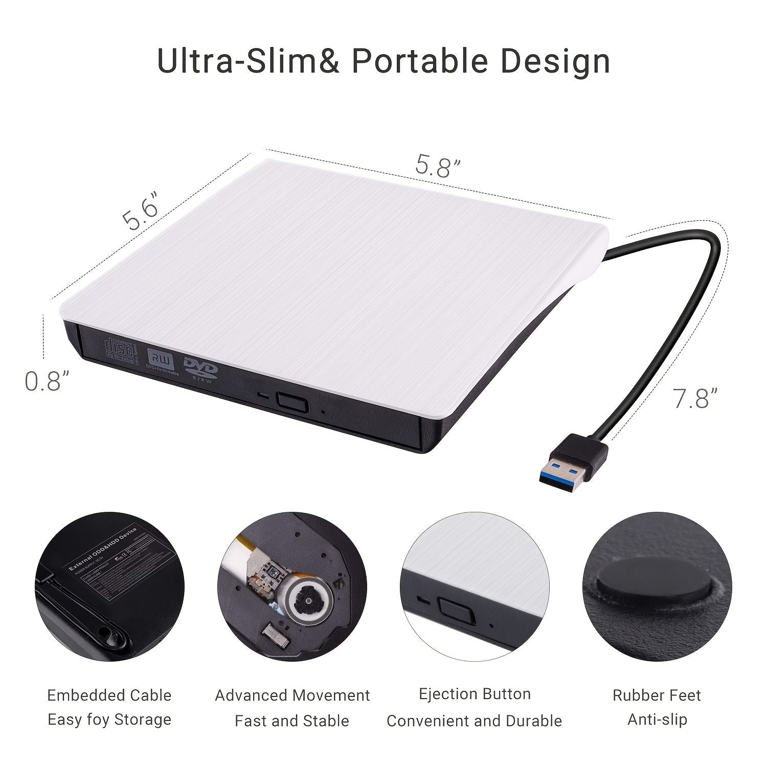 External DVD CD Drive; USB 3.0 Portable CD DVD +/-RW Drive; Slim DVD/CD ROM Rewriter Burner High Speed Data Transfer Compatible With Laptop Desktop PC MacBook Windows 7/8/10/11/XP/Vista/Linux OS
